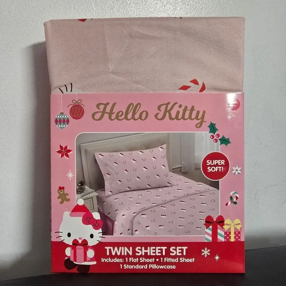 New Hello Kitty Candy Cane Christmas Love Kids Pink Twin Sheet Set
